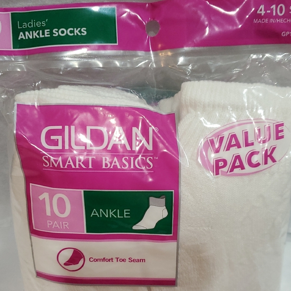 Gildan smart basics ladies white ankle socks 10pack fits size 4-10 shoe new